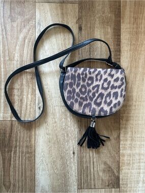 Claire's Leopard Print Crossbody Saddle Bag - Black and Taupe